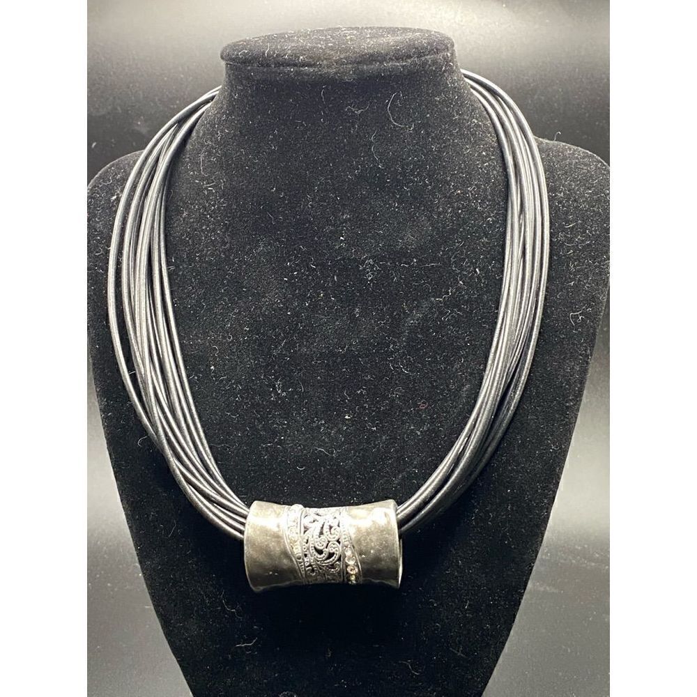 Black multi strand necklace with treated cord silver tone filigree rhinestone pe - Picture 2 of 8